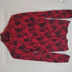 100% Cashmere Sweater, Red with Black Floral Design, size M